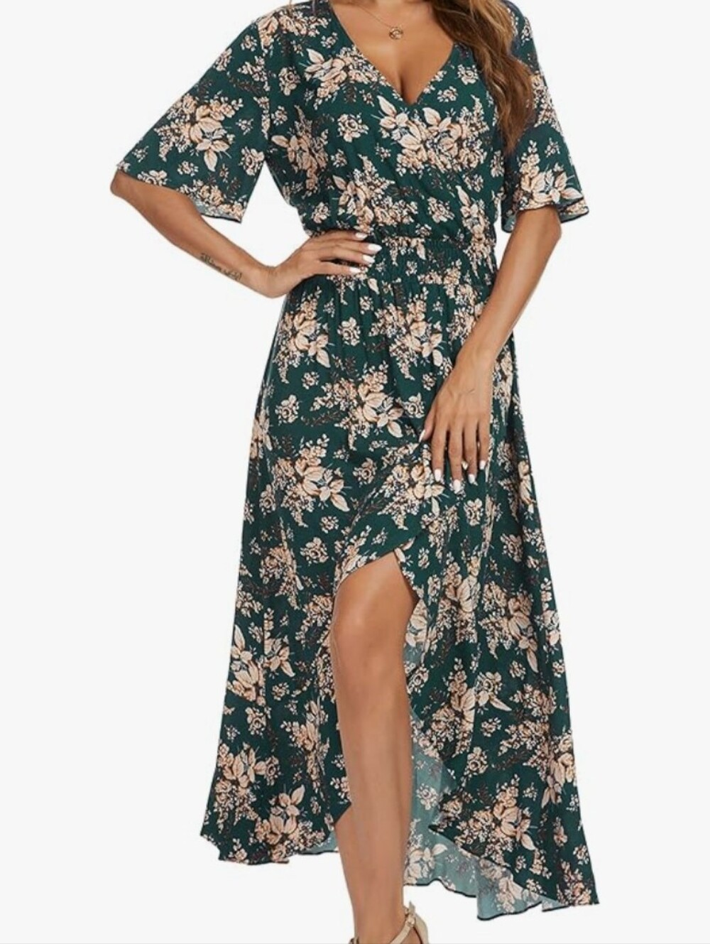 Floral Wrap Maxi Dress in Teal and Cream